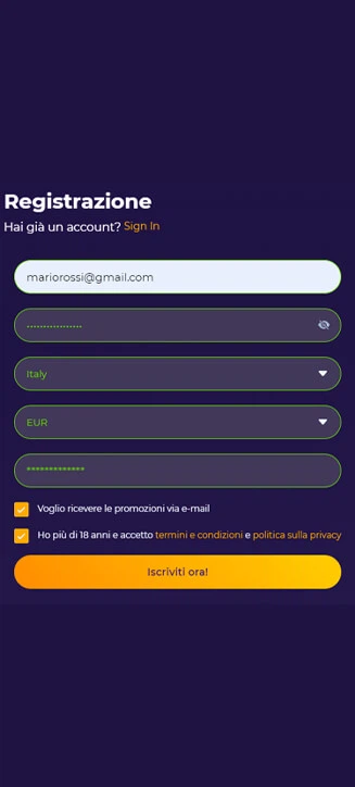 Processo di registrazione di iWild Casinò su smartphone